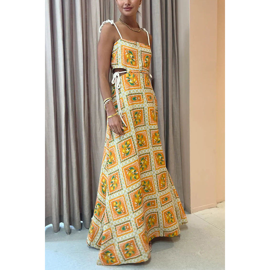 Women Fashion Casual Vacation Printed Hollow-Out Spaghetti Strap Drawstring Loose Dress