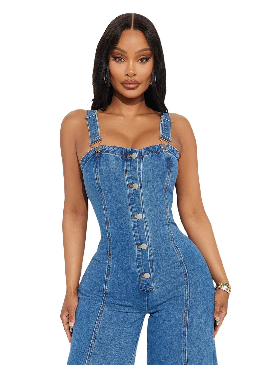 Women Fashion Casual Sexy Strap Denim Jumpsuit Wide Leg Pants