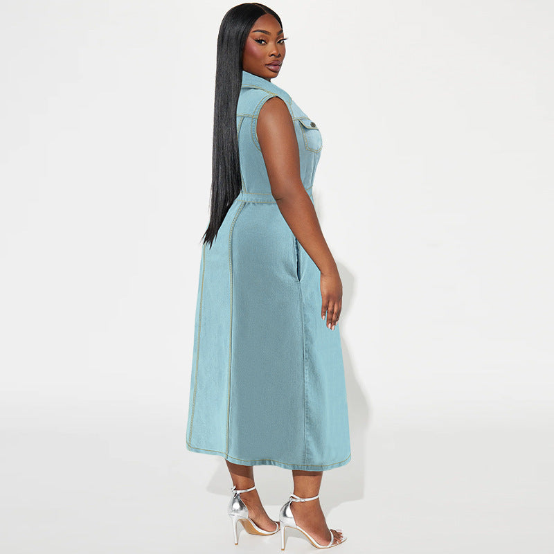 Women Fashion Casual Lapel Sleeveless Lace-Up Denim Dress