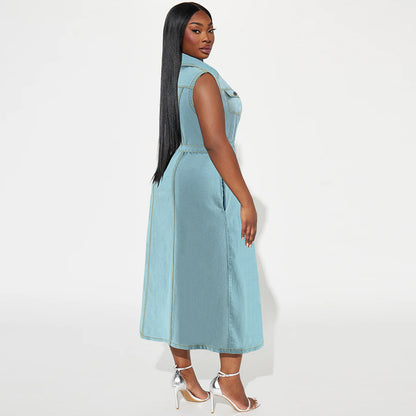 Women Fashion Casual Lapel Sleeveless Lace-Up Denim Dress