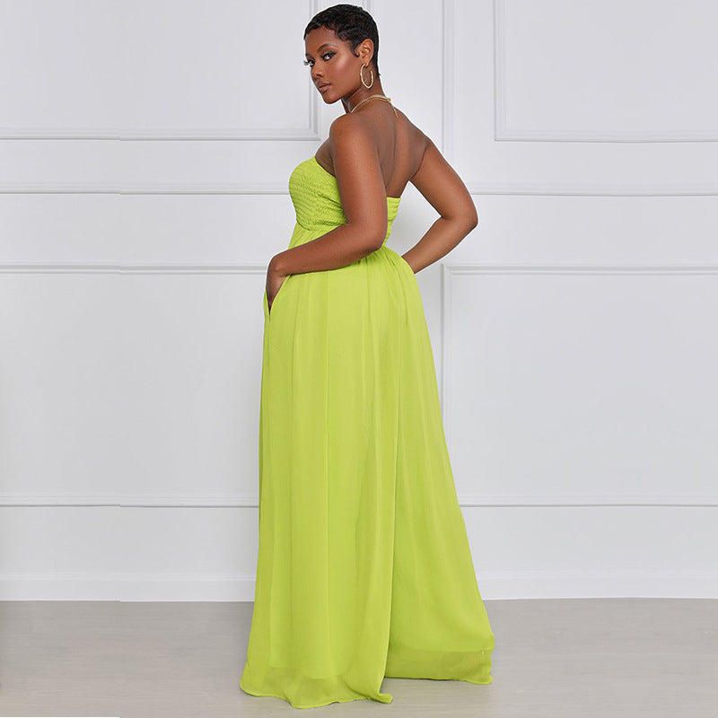 Women Fashion Casual Solid Color Chiffon Sleeveless Wide Leg High-Waisted Jumpsuit