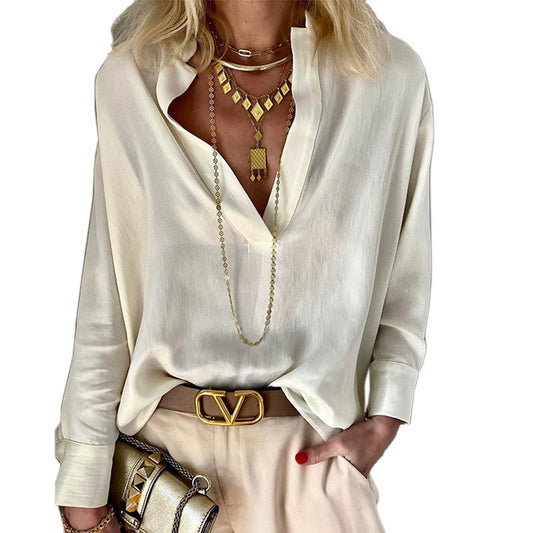 Blusa informal de lino y algodón de color liso con cuello alto para mujer