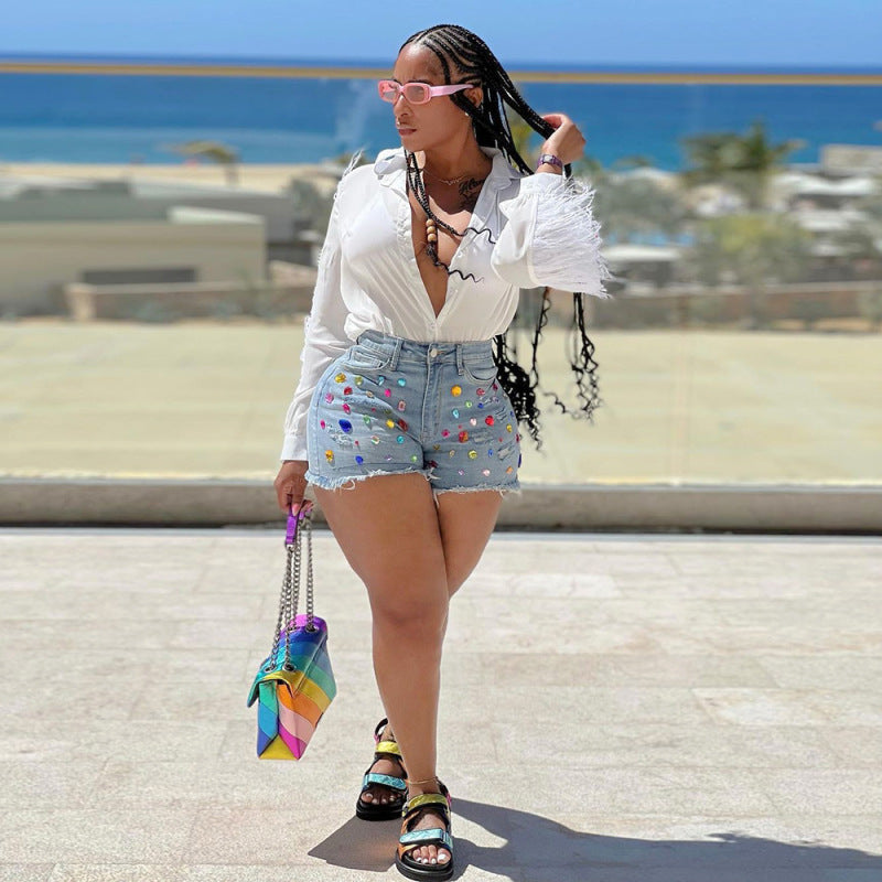 Women Fringed Brushed Denim Shorts Color Diamond Jeans Casual Straight Shorts