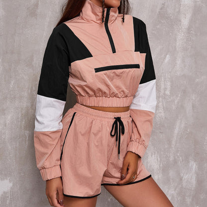 Conjunto deportivo informal de dos piezas para mujer, con panel de contraste, cremallera, cuello alto, manga larga, elástico, top y pantalones cortos