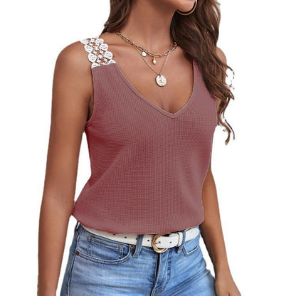 Camiseta sin mangas informal de verano para mujer con diseño de gofres y encaje de color liso