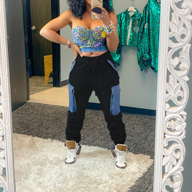 Women Fashion Casual Imitation Denim Large Pocket High Waist Cargo Pants