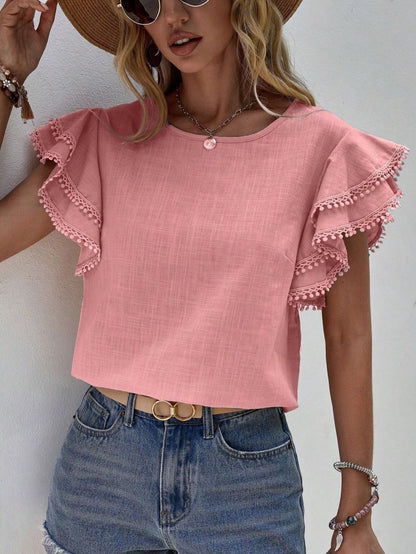 Blusas casuales de color sólido con cuello redondo y volantes para mujer