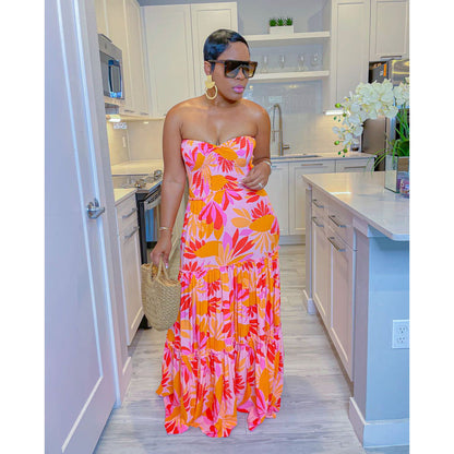 Women Fashion Casual Sexy Printed Loose Tube Top Dress