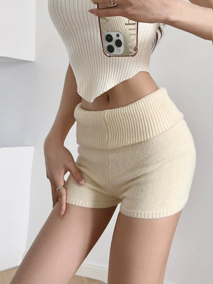 Women Fashion Casual Solid Color Stretch High-Waisted Knitted Shorts