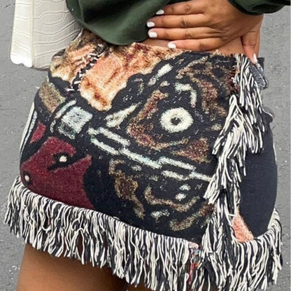 Women Casual Fashion Multicolor Graphic Printing Fringe Velvet Skirt