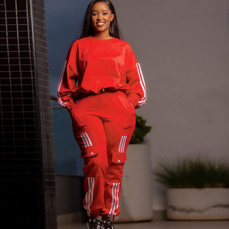 Women Fashion Casual Round Neck Long Sleeve Top Pocket Jogger Pants Two-Piece Set