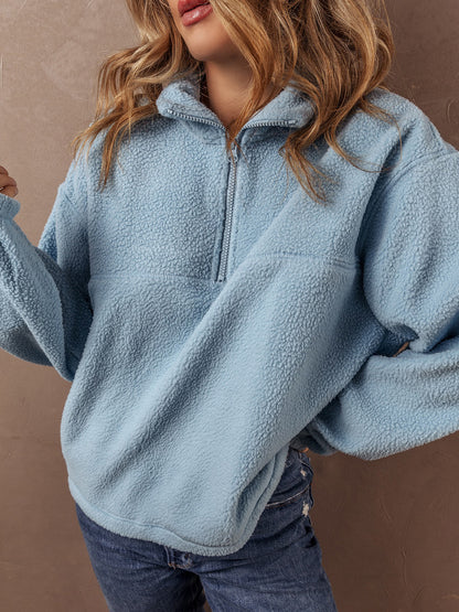 Autumn Winter Women Fashion Casual Plush Stand Collar Half Zipper Long Sleeve Sweatshirt