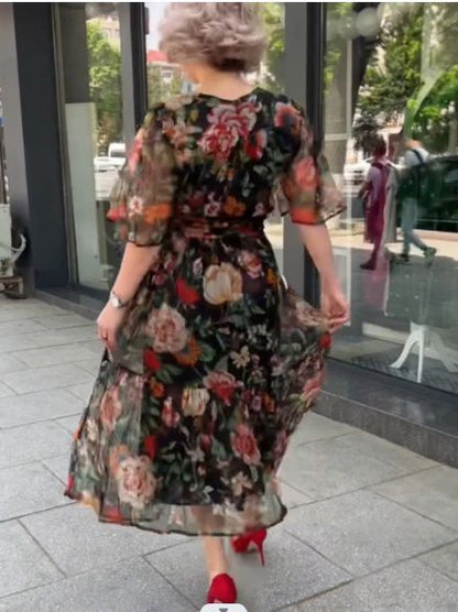 Vestido informal de manga corta con cuello en V y estampado floral para mujer, talla grande