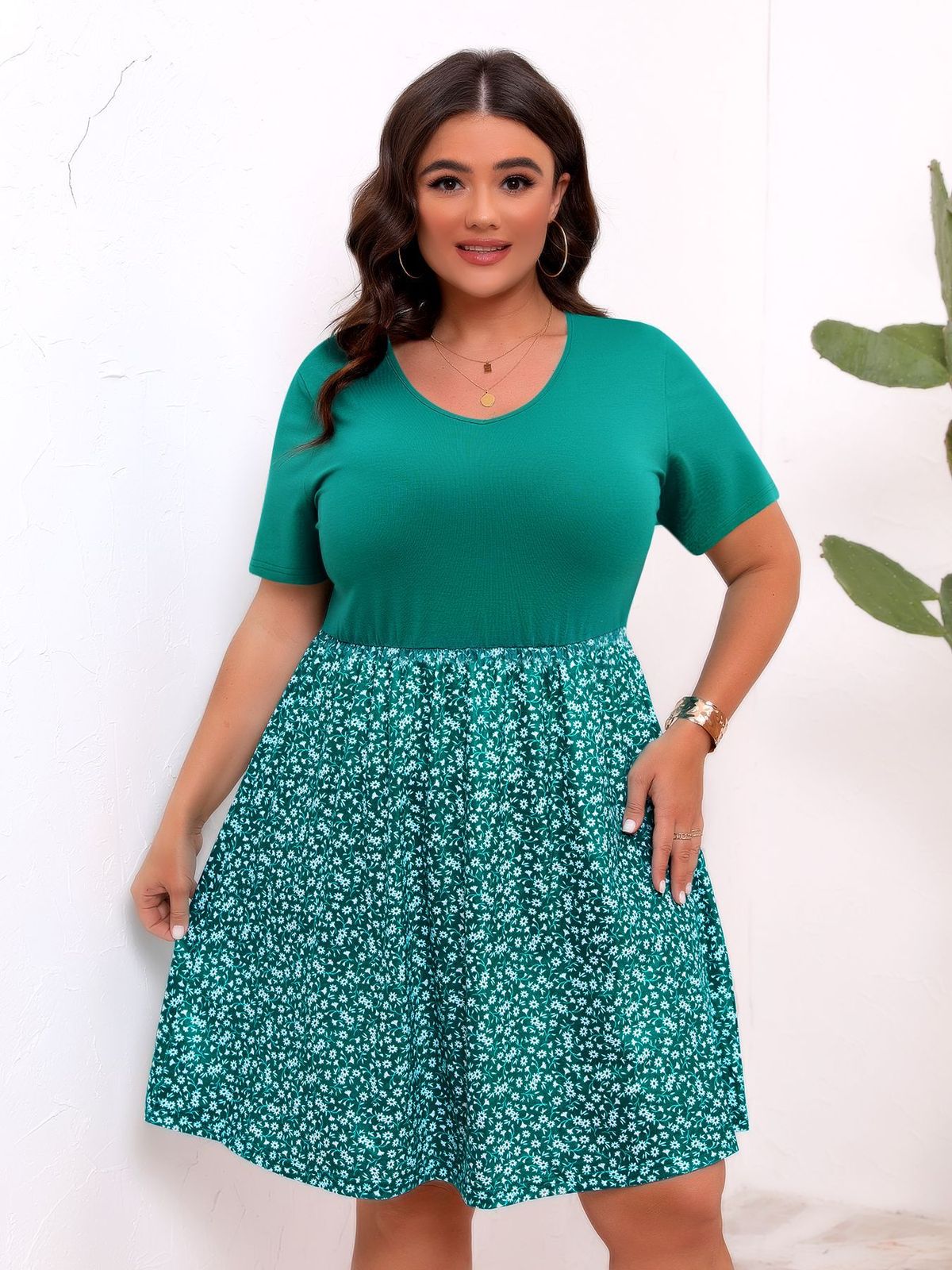 Women Fashion Casual Plus Size Floral Printed Splice Round Neck Short Sleeve Dress