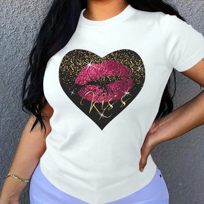 Camiseta informal holgada de algodón con cuello redondo, manga corta y estampado de corazón para mujer, talla grande