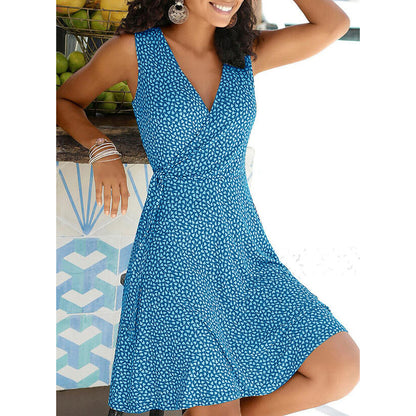 Women Elegant Casual Polka Dot V Neck Sleeveless Bandage Beach Summer Bohemian Plus Size Dress