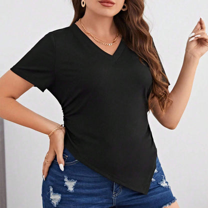 Camiseta básica informal de verano para mujer, de talla grande, con manga corta y escote en V y dobladillo triangular