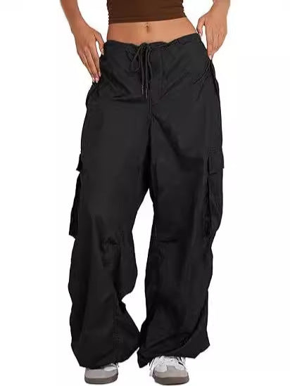 Women Casual Solid Color Loose Pocket Low Waist Drawstring Pants