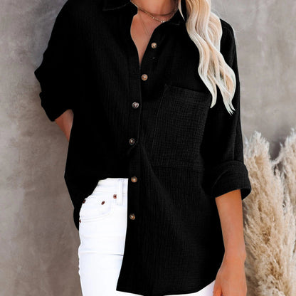 Blusa informal de lino y algodón con botones, cuello en V y manga larga para mujer