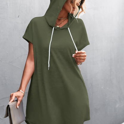 Summer Athleisure Women'S Casual Basic Hooded Solid Color Short Sleeve Dress