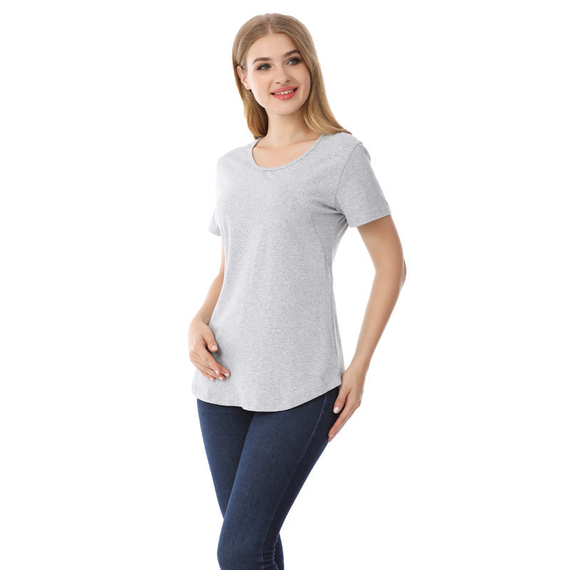 Camiseta informal de lactancia para embarazadas, color liso, cuello redondo y manga corta