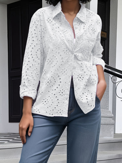 Blusa informal de moda para mujer, color liso, con bordado y solapa hueca, talla grande