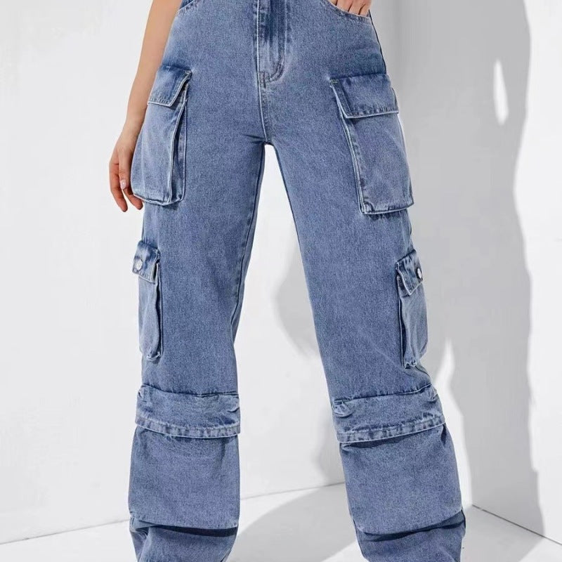 Pantalones vaqueros cargo casuales con múltiples bolsillos para mujer
