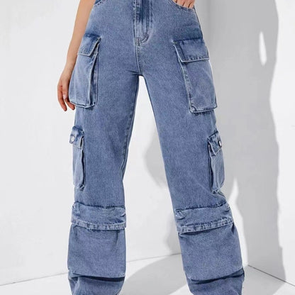 Pantalones vaqueros cargo casuales con múltiples bolsillos para mujer