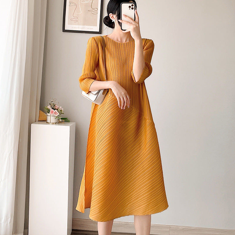 Women Fashion Minimalist Casual Soft Solid Color Round Neck Cropped Sleeve Creased Dress