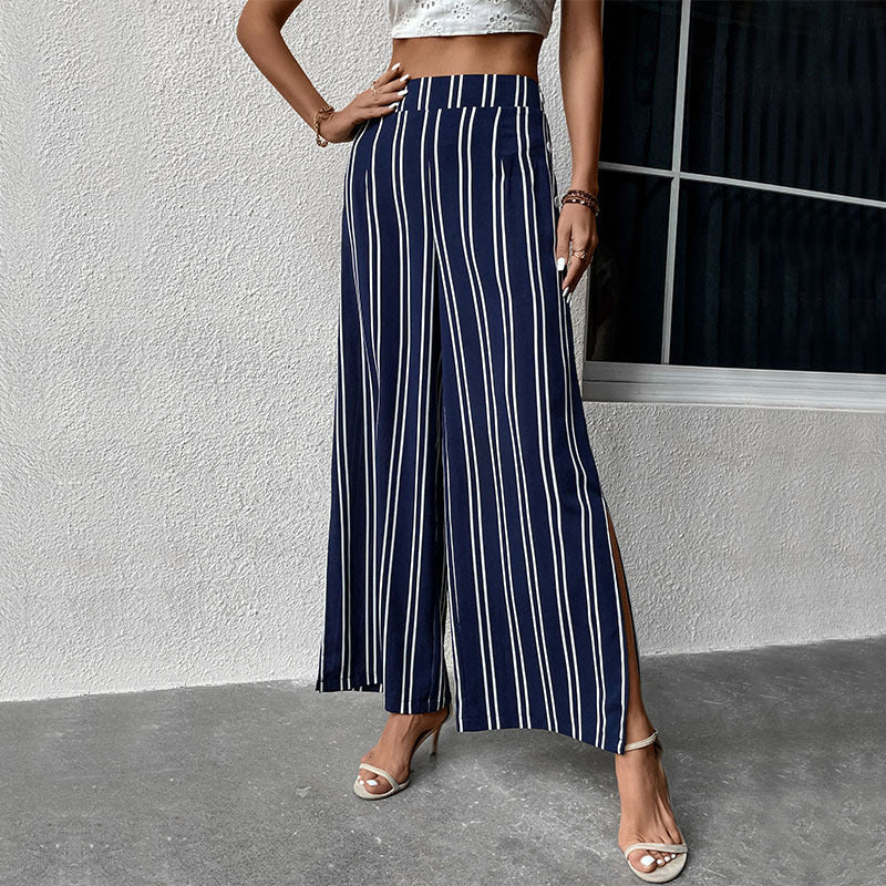 Summer Women Casual Simple Stripe High Waist Slit Wide Leg Pants