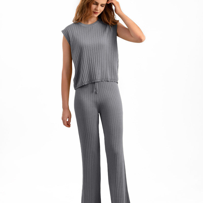 Women Fashion Loose Casual Solid Color Knitted Vest Pants Two-Piece Set