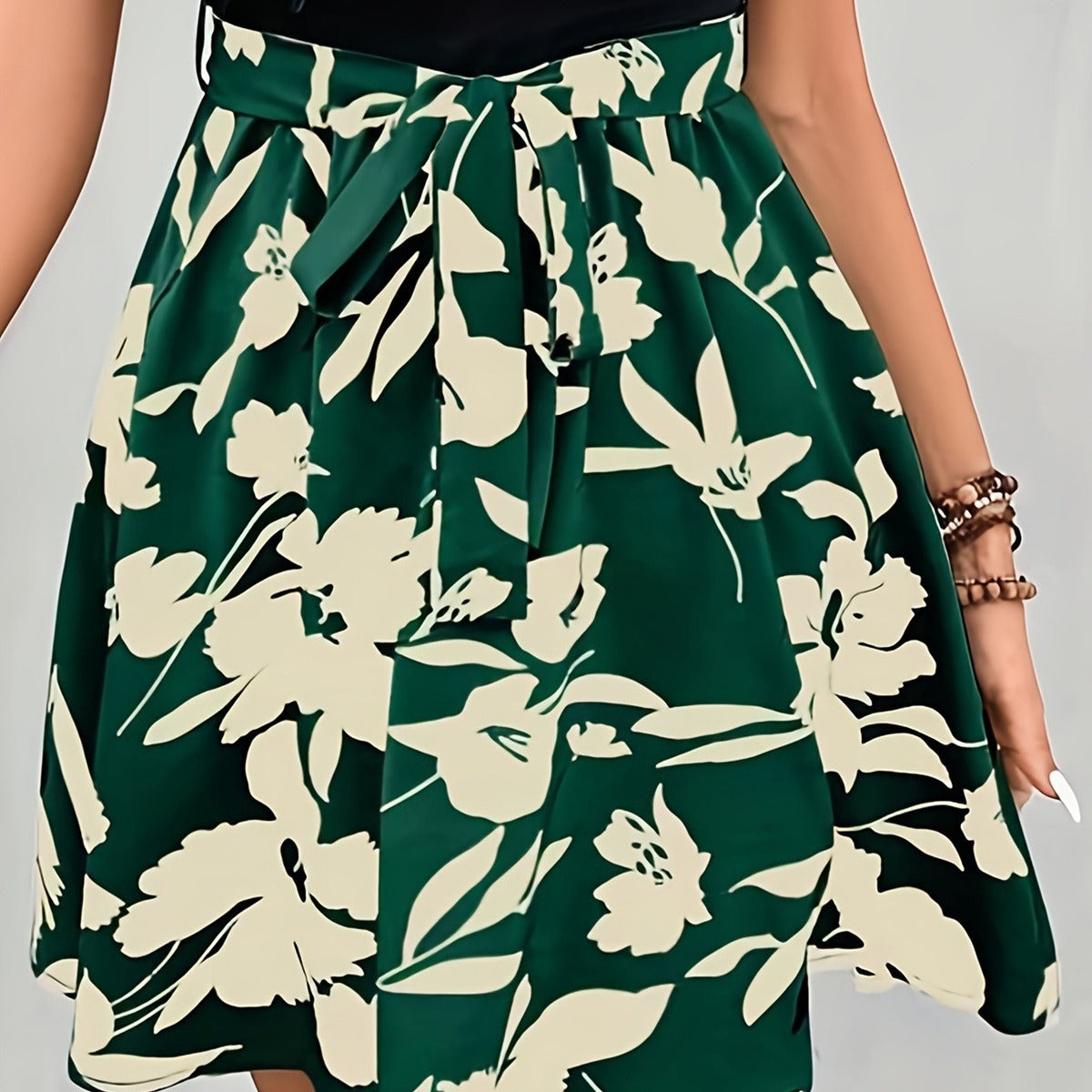 Women Fashion Casual Floral Pinted Lace-Up Pleated Skirt
