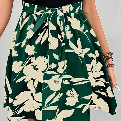 Women Fashion Casual Floral Pinted Lace-Up Pleated Skirt
