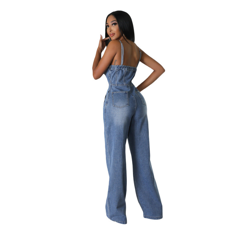 Women Fashion Casual Denim Suspenders Jumpsuits
