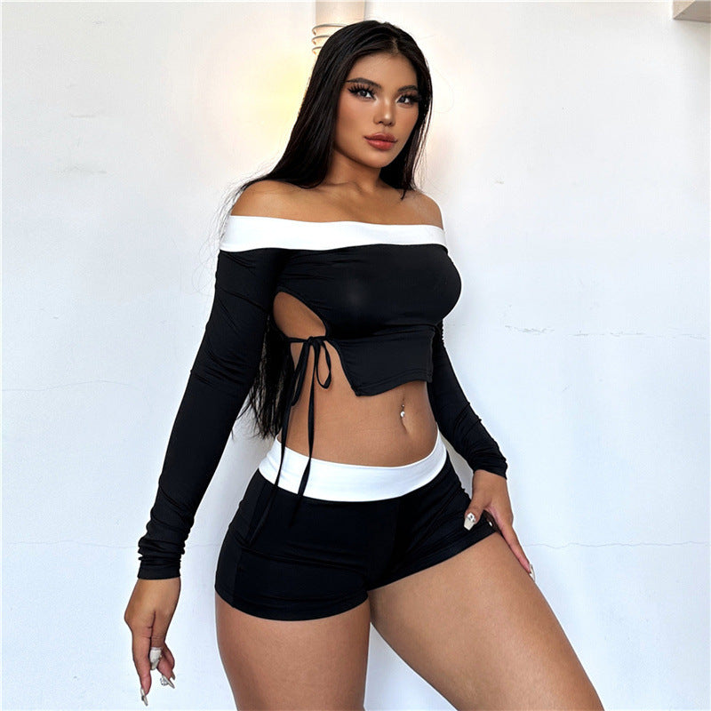 Conjunto de top corto con cordones y hombros descubiertos con bloques de color para mujer