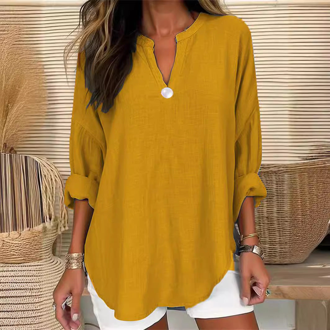 Blusa holgada informal de color liso con escote en V y un botón para mujer