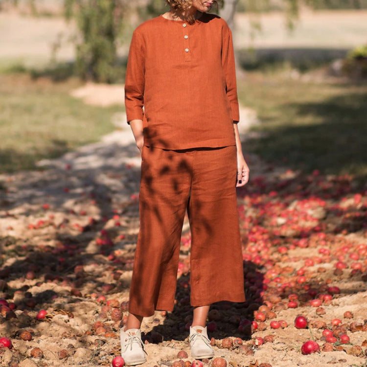 Conjunto de dos piezas con cuello redondo, botones y pantalones anchos de pierna ancha para mujer, talla grande