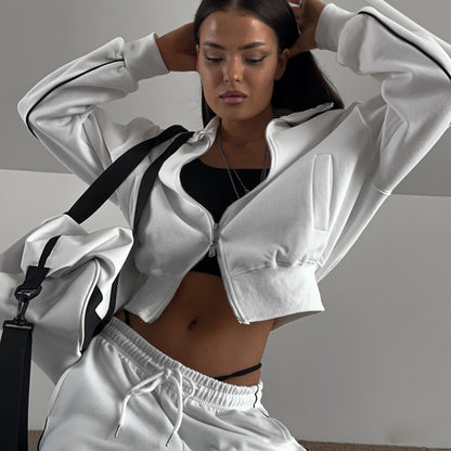 Women Fashion Casual Zipper Cardigan Long Sleeve Top Drawstring Pants Two-Piece Set