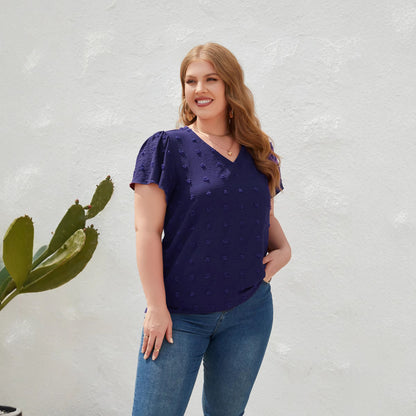 Women Casual Loose Plus Size Solid Color V-Neck Fur Ball Short-Sleeved T-Shirt