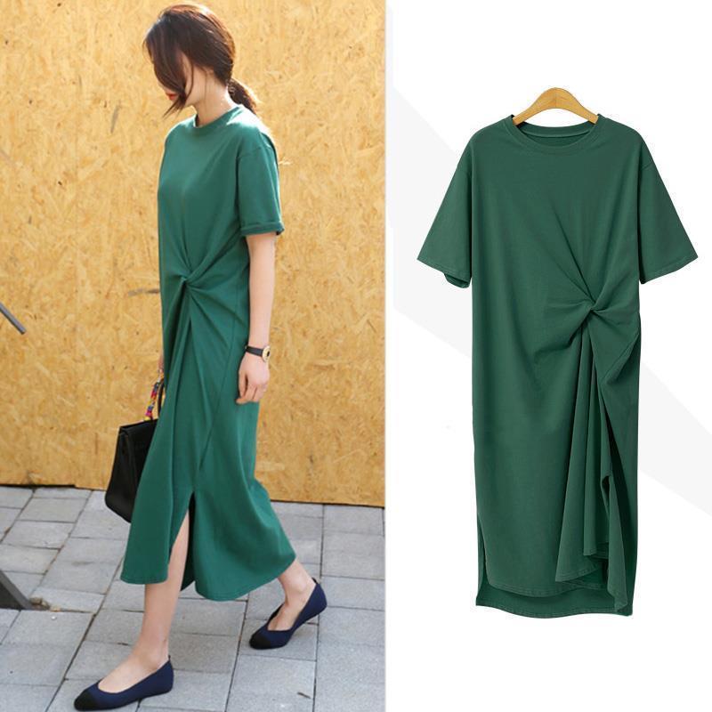 Women Basic Summer Casual Side-slit Short Sleeve Solid Color Round Neck Loose Dress