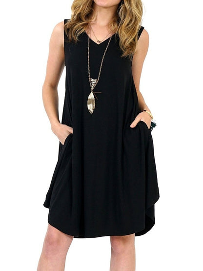 Women Fashion Casual Sleeveless Pocket V Neck Tank Dress
