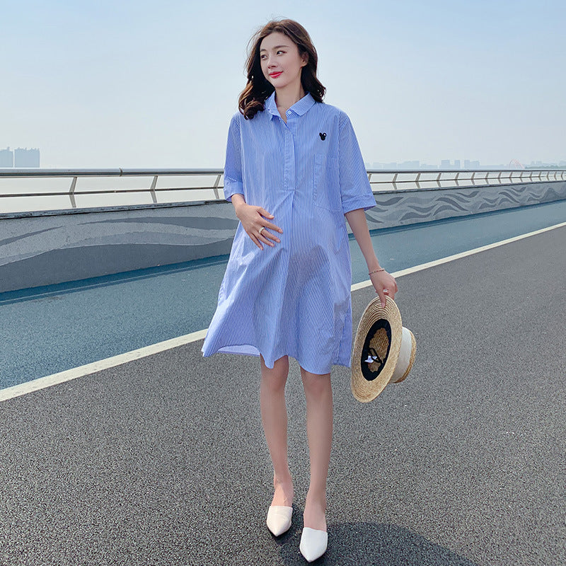 Pregnant Women Fashion Casual Stripe Lapel Short-Sleeve Loose Dress