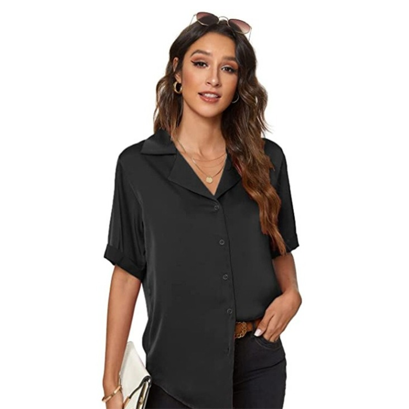 Blusa holgada informal de un solo pecho para mujer, elegante, de oficina, básica, de satén, de manga corta, de verano, de color liso