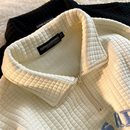 Women Casual Waffle Lapel Half Zipper Loose Embroidery Oversize Polo Top