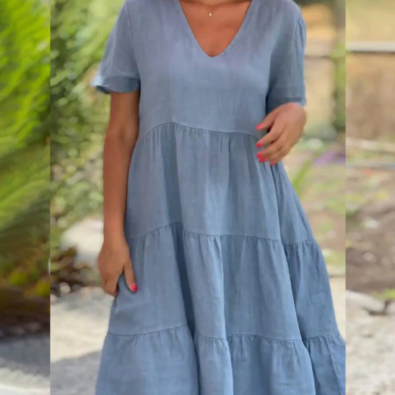 Vestido holgado informal de manga corta con cuello en V para mujer