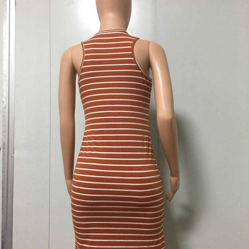 Women'S Fashion Casual Stripe Slim Fit Sleeveless Tank Top Long Dress