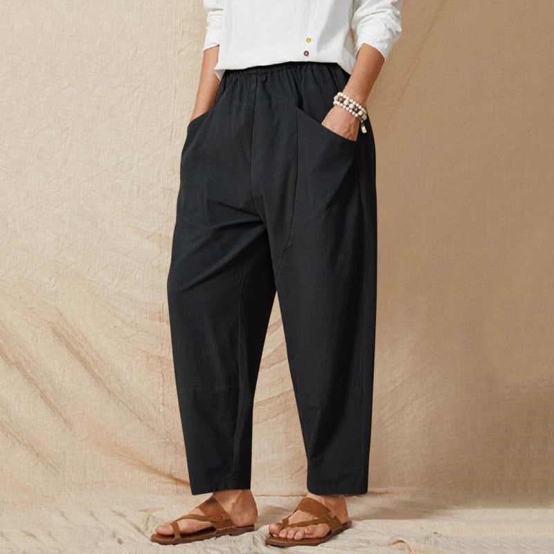 Women Solid Color Casual Stitching Loose Harem Elastic Waist Pants