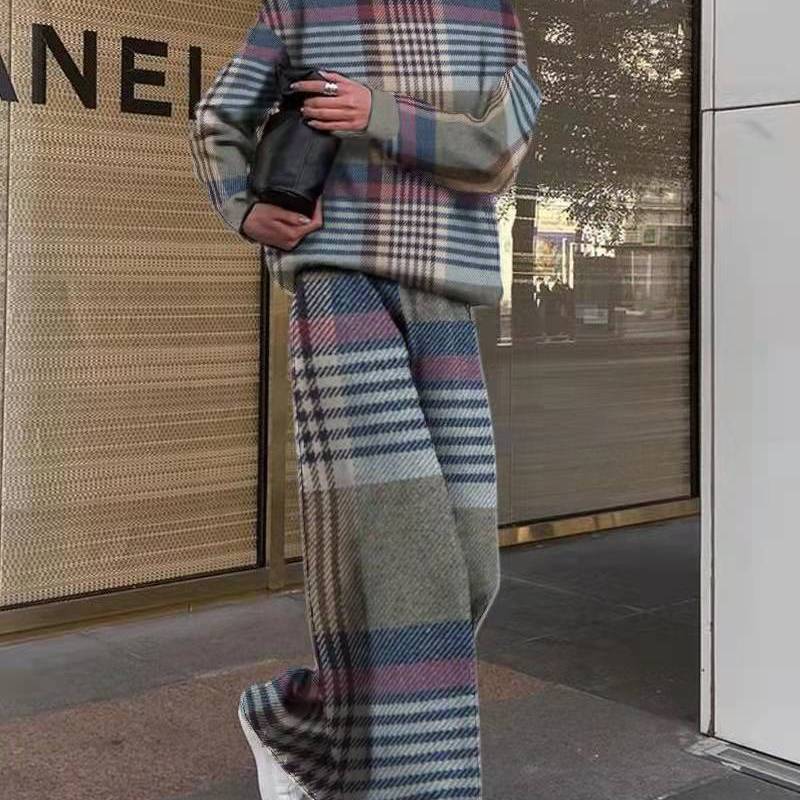 Conjunto de dos piezas de suéter y pantalón con estampado de pata de gallo para mujer