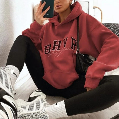 Women Fashion Casual Letter Printing Velvet Warm Long Sleeve Hooded Sweatshirt