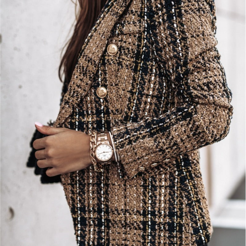 Blazer a cuadros cruzado de manga larga informal para mujer de otoño para oficina